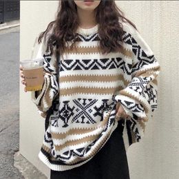 Women's Sweaters Vintage Womens Winter Warm College Teens Knit Pullovers Female Chic Geometric Soft Ins O-Neck Basic Femme Knitwear Tops