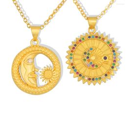 Chains Gold Color Sun And Moon Necklace Woman Half Face Round Coin Pendant Necklaces Star CZ Zirconia Jewelry Gifts Collier Soleil Lune