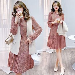 Work Dresses Women Fashion Suit Vest Mini Print Pleated Dress Vintage 2023 Spring Autumn Korean Style Elegant 2 Pieces Set Z102