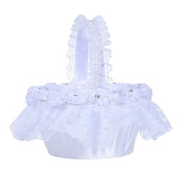 Lace Girl Basket Elegant Satin Rose Round White Lace Basket Wedding Favours Decoration L5655