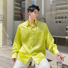 Men's Dress Shirts Senior Satin Silk Men Blouse Bright Colour Streetwear Chest Pocket Spring Tops Party Banquet Dinner Night Club Chic