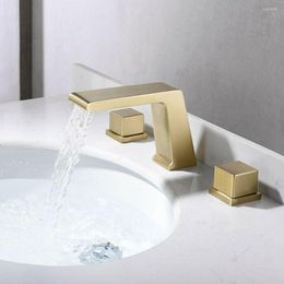Bathroom Sink Faucets Free Ship Double Handles Square Waterfall Faucet 3 Holes 8" Widespread Mixer Tap Brushed Gold Deck Mounted