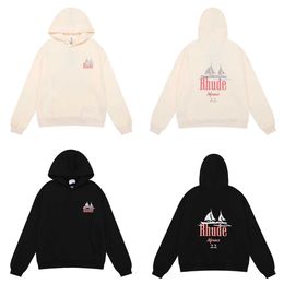 Brand Fashion Rhude Manaco Sailboat Print High Quality Cotton Terry Hoodie Sweater Men's and Women's