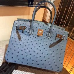 Birkinbag Bags Designers Handbags Handmade Original Ostrich Leather Bag 30cm Womens Handbag Denim Blue Large Capacity Ayw