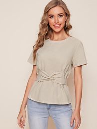 Women's T Shirts 2023 Summer Women Casual Short Sleeve O-Neck Shirt Bow Design Khaki Cotton Linen Ladies Tops T-shirt