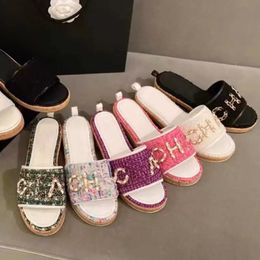 Women Tweed Leather Straw Woven Slides Sandals Slip On Wedge Flats Fashion Beach slippers Mule Brand Flip Flops Casual Slides Shoes Platform Chain Rubber Slider