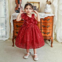 Girl Dresses Children Xmas Red One Shoulder Sequin Dress For Kids Girls Shiny Shoulderless Bows Party Gown Evening Vestido
