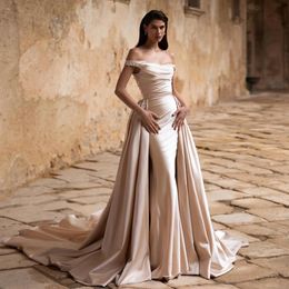 Stunning Mermaid Wedding Dresses Appliqued Pleated Bridal Gowns With Detachable Train Off The Shoulder Neckline Satin Plus Size Vestido De Novia