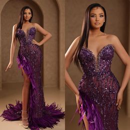 Gorgeous A-line Prom Dresses Sweetheart Sequins Beads Sleeveless High Side Split Feathers Backless Zipper Floor Length Custom Made Party Dress Vestido De Noite