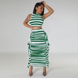 Two Piece Dress WUHE Sexy Striped Printed Women 2 Set Outfits Sleeveless Tank Top and Ruffles Midi Maxi Long Skirt Suit 230324