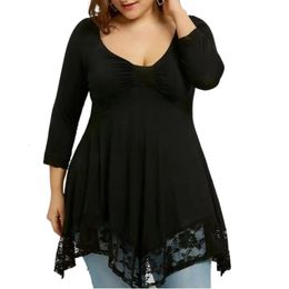 Women's Plus Size TShirt 5XL Floral Lace Hem Sexy Tunic T Shirt Women Spring Autumn Big Tops Ruffles Irregular peplum oversized Blusas 230324