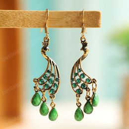 Peacock Shaped Earrings for Women Bohemian Blue Crystal Water Drop Earrings Female Boho Jewellery Tassels Earrings Dangle