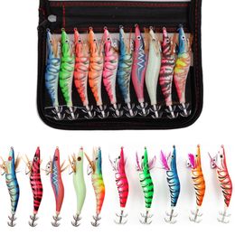 Baits Lures 10Pcs/Bag Squid hook Wood Shrimp Jigs bait 12g-21g Artificial Baits 3D Eyes Luminous Cuttlefish Octopus hooks lure fishing 230324