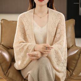 Scarves WOTEEWS Pure Wool Shawl Cardigan For Women With Hollow Thin Sweater Loose Fashion Cashmere Knitted Coat 5 Colors