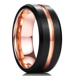 Band Rings Trendy 8mm Men Black Brushed Stainless Steel Ring Rose Gold Colour Groove Bevelled Edge Engagement Ring Men Wedding Band Wholesale AA230323
