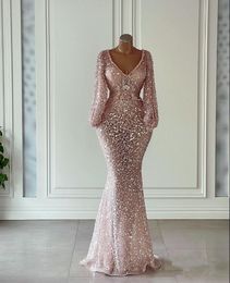 Arabic Aso Ebi Pink Mermaid Prom Dresses Gillter Sequined Lace Long Sleeve V-neck Evening Occasion Dress abenkleider lang