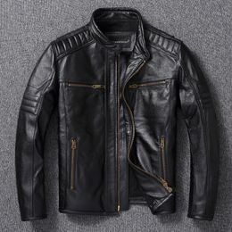 Men's Leather Faux 2023 Top Layer Cowhide Motorcycle Jacket Genuine Stand Collar Springtime Style Vintage Biker ASIAN 230324