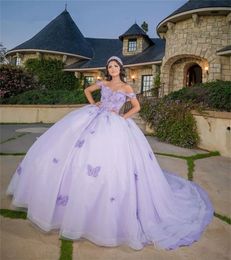 Lilac Princess Ball Gown Quinceanera Dresses 2023 Off Shoulder Butterfly Appliques Crystal Vestido De 15 Anos 16th Prom Evening Party