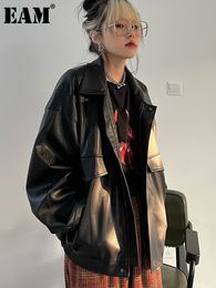 Women's Jackets EAM Loose Fit Black Pocket Big Size PU Leather Jacket Lapel Long Sleeve Women Coat Fashion Spring Autumn 2023 1DF4971 230324