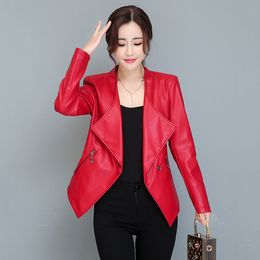 Women's Jackets Women Fashion Leather Jacket Spring Autumn Unique VNeck Single Button Sheepskin Short Blazer Slim Outerwear Split 230324