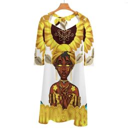 Casual Dresses Oshun Vibes Back Lacing Backless Dress Square Neck Plus Size Elegant Women African Orisha Orisa Sunflowergang