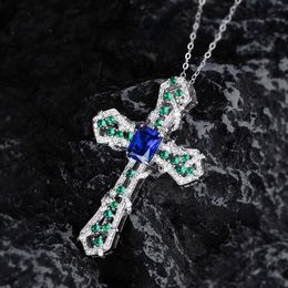 Vintage Lab Sapphire Diamond Cross Pendant Real 925 Sterling Silver Party Wedding Pendants Chocker Necklace For Women Jewellery