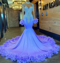 Lilac Lavender Mermaid Long Sleeve Prom Dresses 2023 Gillter Crystal Feather Backless Aso Ebi Arabic Evening Occasion Gown