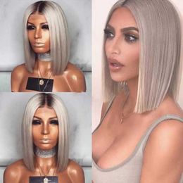 New wig black Grey mixed Colour split bobo short straight hair inside buckle wave short hair dyeing chemical Fibre hair230323