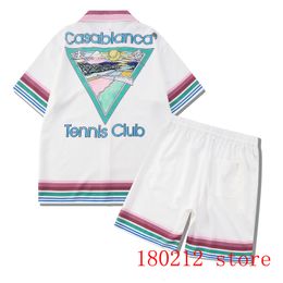 Mens Tracksuits Colourful Stripe Casablanca Tennis Club Shorts Shirt Set Men Women Thic Fabric Hawaii Beach Mountain Tennis Pattern Suit 230323