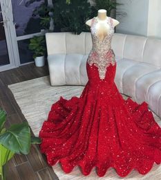 Glitter Sexy Red Mermaid Sukienki na bal maturalny 2023 Sheer Szyja kryształowe cekiny urodzinowe suknie urodzinowe