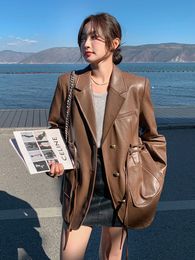 Women's Jackets Loose Fit Brown Button Pu Leather Big Size Jacket Lapel Long Sleeve Women Coat Fashion Spring Autumn 2023 230324
