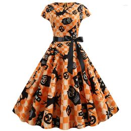 Casual Dresses Halloween Pumpkin Print Round Neck Short Sleeve Dress Vintage Gothic Vestido Feminino De Muje