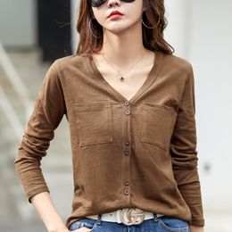 Women's T Shirts TuangBiang Spring Summer 2023 Pocket Button Cotton T-Shirt Korean Casual V-Neck Long Sleeve Soft Tshirt Fashions Female