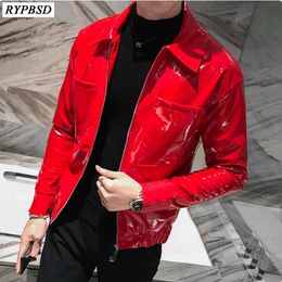 Men's Leather Faux Shinny Jacket for Punk Fashion Autumn Winter Red Black Singer Dance Club Party Stage Costume Bomber Coats 230324