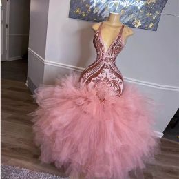 Sexy Backless Tutu Mermaid Prom Dresses Pink Sequined Long Special Occasion Gowns Brithday Party Wear African Black Girls Sleeveless V-Neck Enagement Vestido