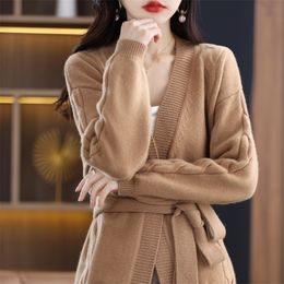 Women's Knits Tees 100 Pure Wool Cardigan Sweater Thickened Medium And Long VNeck Knitted LaceUp Coat Loose Lazy Belt 230324