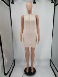 2023 Designer Knitted Ribbed Dresses Summer Women Sleeveless Bodycon Mini Dress Ladies Solid Zipper Pencil Dress Holidays Club Wear Bulk Clothes 9580