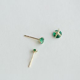 Stud Earrings S925 Sterling Silver Plated 14K Gold Emerald Versatile Piece Mini Japanese And Korean Small Round Four-claw