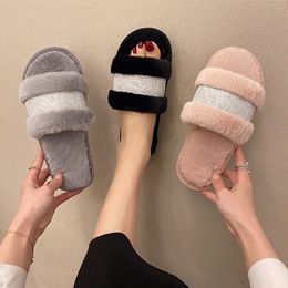 Home shoes slippers female 2023 new plush slippers casual one word cotton slippers large size shoes