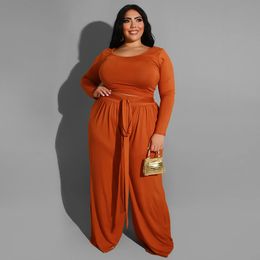 Women's Plus Size Pants Women Twopiece Sets Solid Colour Knitted Longsleeved Tops With Trousers Fashion Casual Large Female Suit Simple 230324