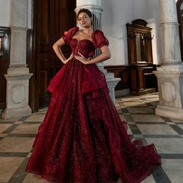 Burgundy Beaded Prom Dresses A Line Sequined Evening Gowns With Short Sleeves Sweetheart Neckline Sweep Train Tulle Formal Dress