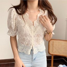 Women's Blouses & Shirts Alien Kitty Stylish Hollow Out V-Neck Sexy Elegant Cardigans Slim 2023 Short Sleeves Women Tops Summer Chic Lady