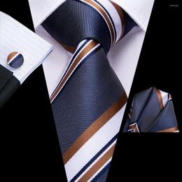 Bow Ties Grey White Striped 2023 Elegant Men Tie Hanky Cufflink Silk Necktie For Wedding Party Business Fashion Brand Hi-Tie