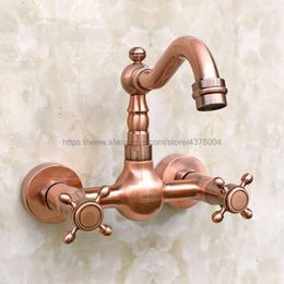 Bathroom Sink Faucets Antique Red Copper Basin Mix Tap Dual Handles Wall Mounted Kitchen Mixer Faucet Nrg030