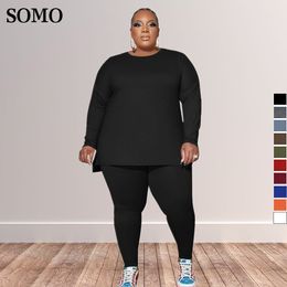 Women's Plus Size Pants SOMO High Elastic Homewear Ouftits Women Clothing Solid Casual Long Sleeve Two Piece Set Wholesale Drop 230324