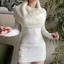 Casual Dresses Combhasaki Womens Y2K Long Sleeve Sweater Dress Solid Colour Wide Cowl Neck Wrapped Hip Knitted Fall Winter Bodycon Mini