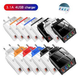 4 USB phone charger 3A Colour charging head LED light Eu US and UK travel charging