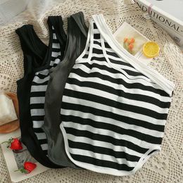 Women's Tanks French Chic Slanted Shoulder Stripes Tank Tops Women Sexy Sleeveless Built In Bra Camisole Crop Top Female Summer Drop