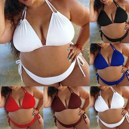 Women's Swimwear Sexy Plus Size Swimsuit Bikini Set Women Solid Colour Lace-Up Halter Swimming Suit Bikinis Black White Wine Red