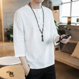 Men's T Shirts Sinicism Store Mens Cotton Linen T-Shirt Three Quarter Sleeve Summer Chinese Traditional Clothes Male Vintage Shirt Top Tees